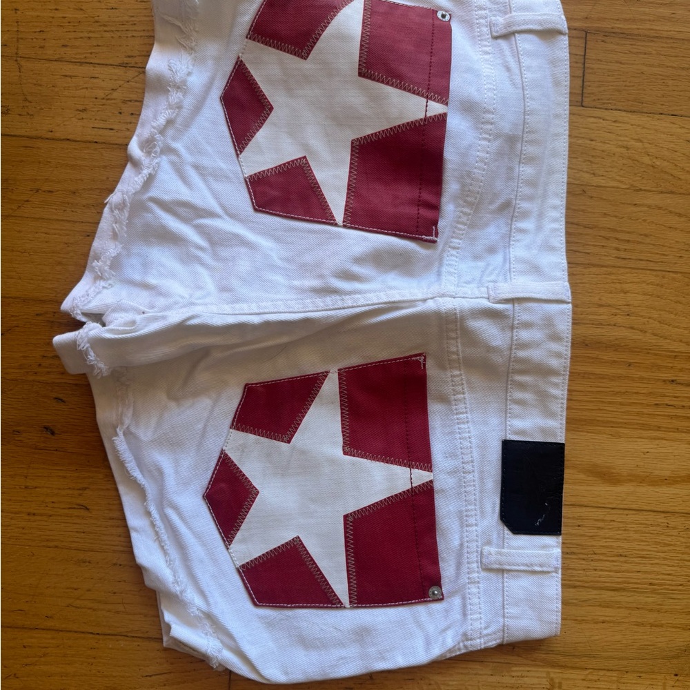 White Women's Denim Jean Shorts with Red Star Patch Accents